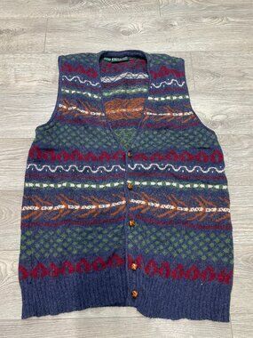 Vintage Old River Italy Wool Blend Fair Isle Knit Button Up Cardigan Vest XL